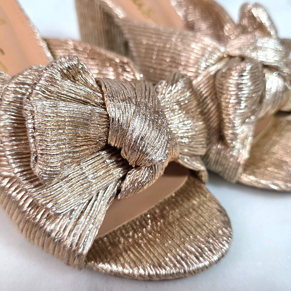 Lulus Gold Bow Block Heel Sandals Womens 5 Metallic Slip On Wedding Party Bridal - Picture 2 of 14